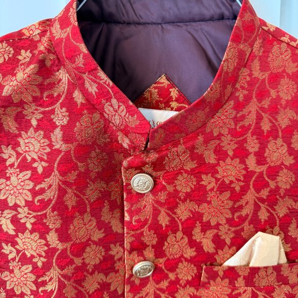 Red/Gold Men's Kurta Vest - Nehru/Bandi Jacket (L/XL) - Picture 2 of 3